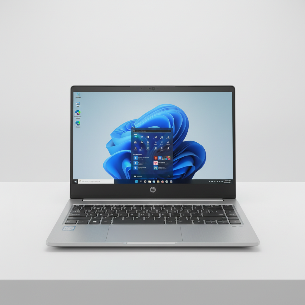 Laptop on white desk, bright clean studio, open lid showing screen