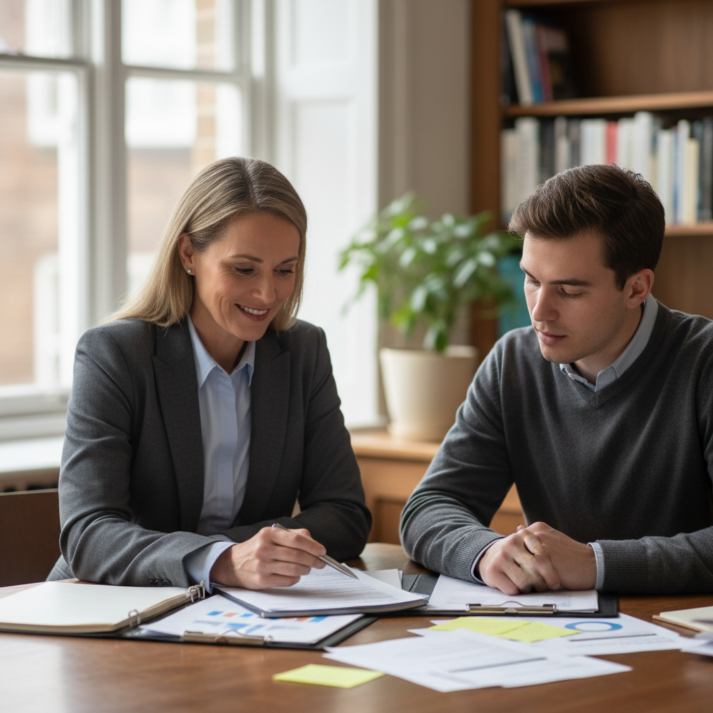 Career counselor reviewing resume with student in professional setting