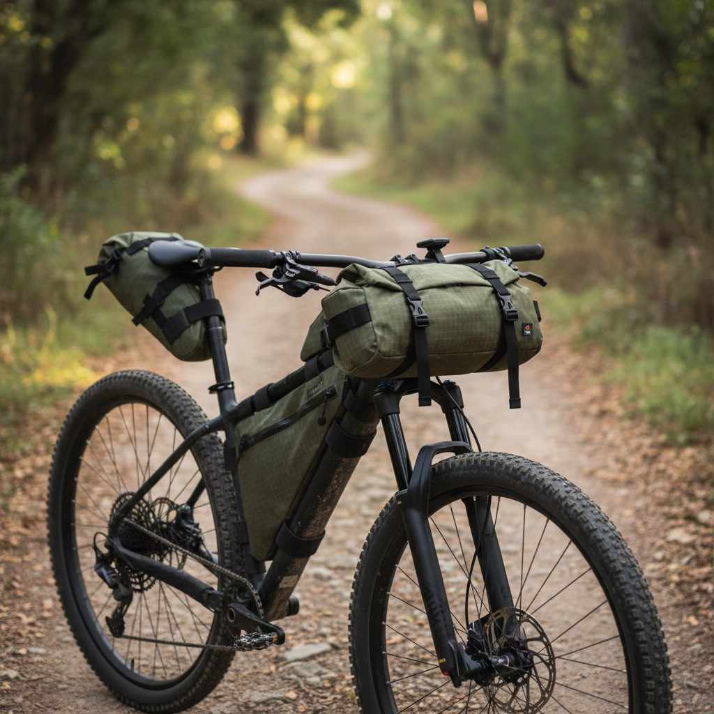 Bikepacking bags mounted on a gravel bike frame, dusty trail background, warm afternoon light
