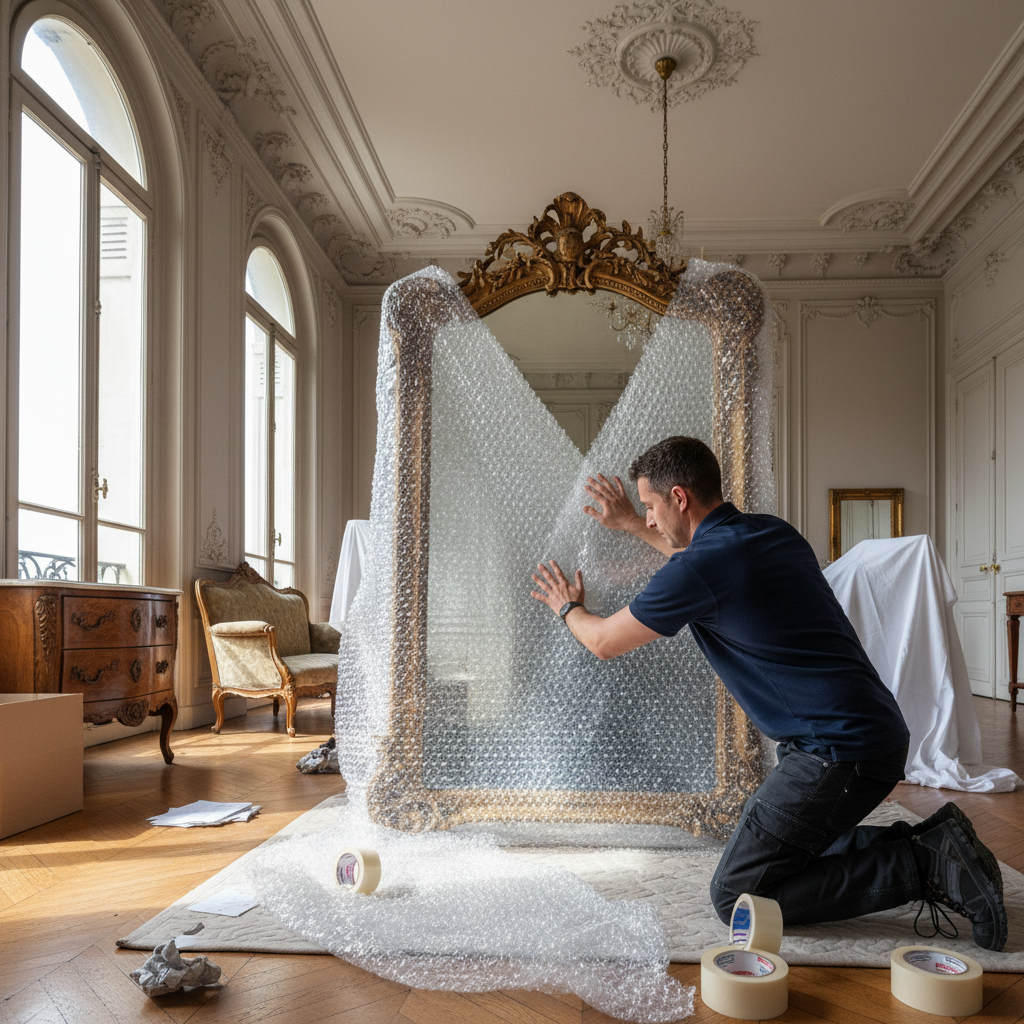 Déménageur en polo marine emballant soigneusement un miroir ancien dans du papier bulle dans un appartement haussmannien