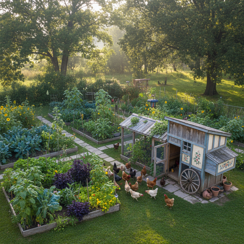 Overhead view of a lush backyard garden with raised beds, a charming painted coop in the corner, and hens roaming freely in dappled morning light