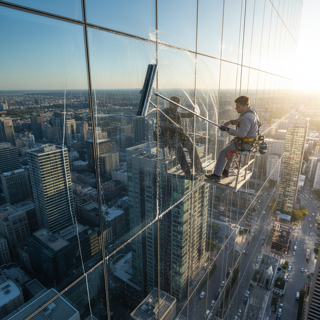 Window cleaning team using professional squeegees on high-rise office building exterior