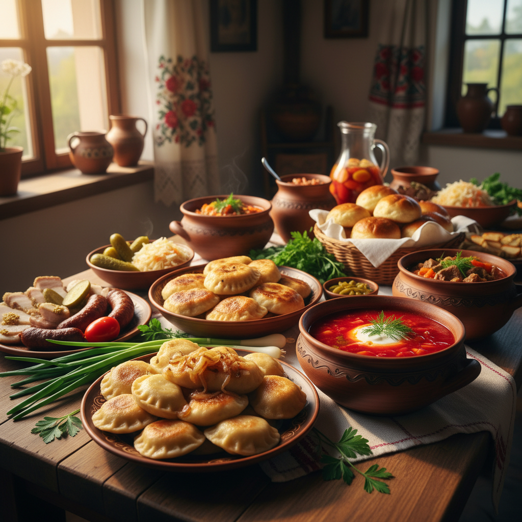 Warm afternoon light on a spread of Ukrainian food at an outdoor event