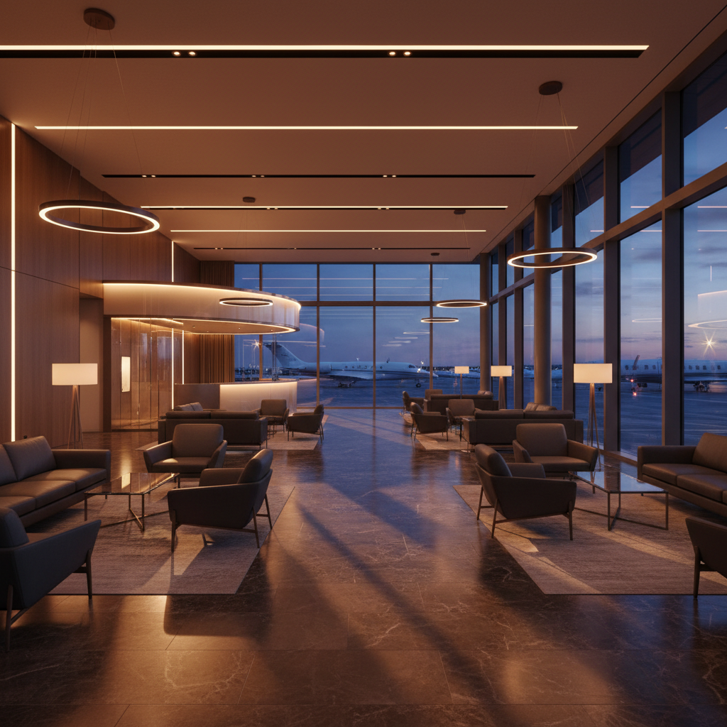 Private jet hangar at dusk, cinematic aviation atmosphere
