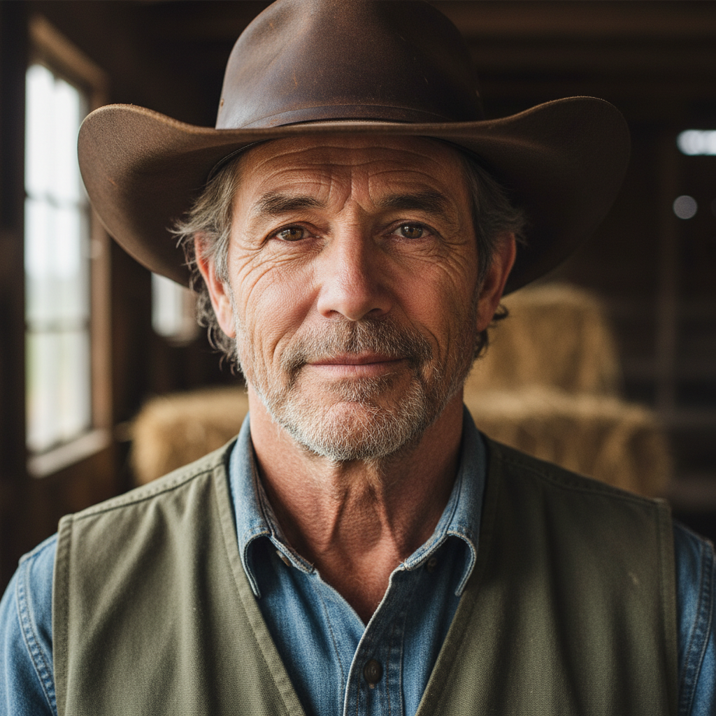 Middle-aged male ranch manager with weathered skin and calm expression
