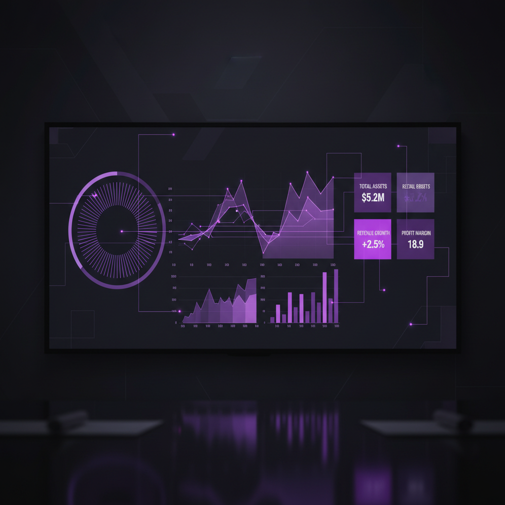 Financial analytics dashboard on dark background with purple data visualization