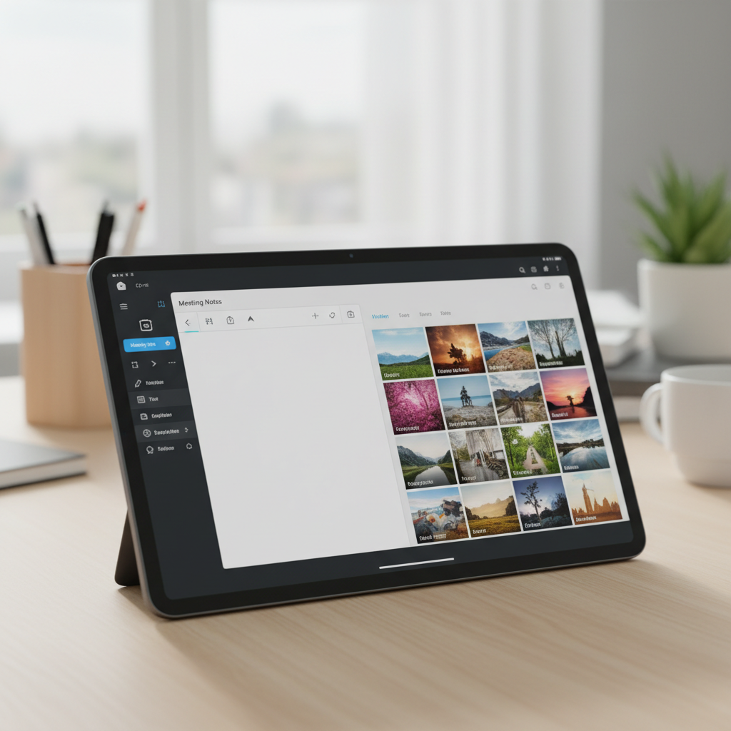 Organized dark desk with tablet showing notes app