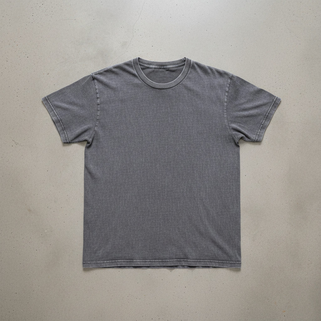 Grey crewneck sweatshirt flat lay, dark concrete background, product photography