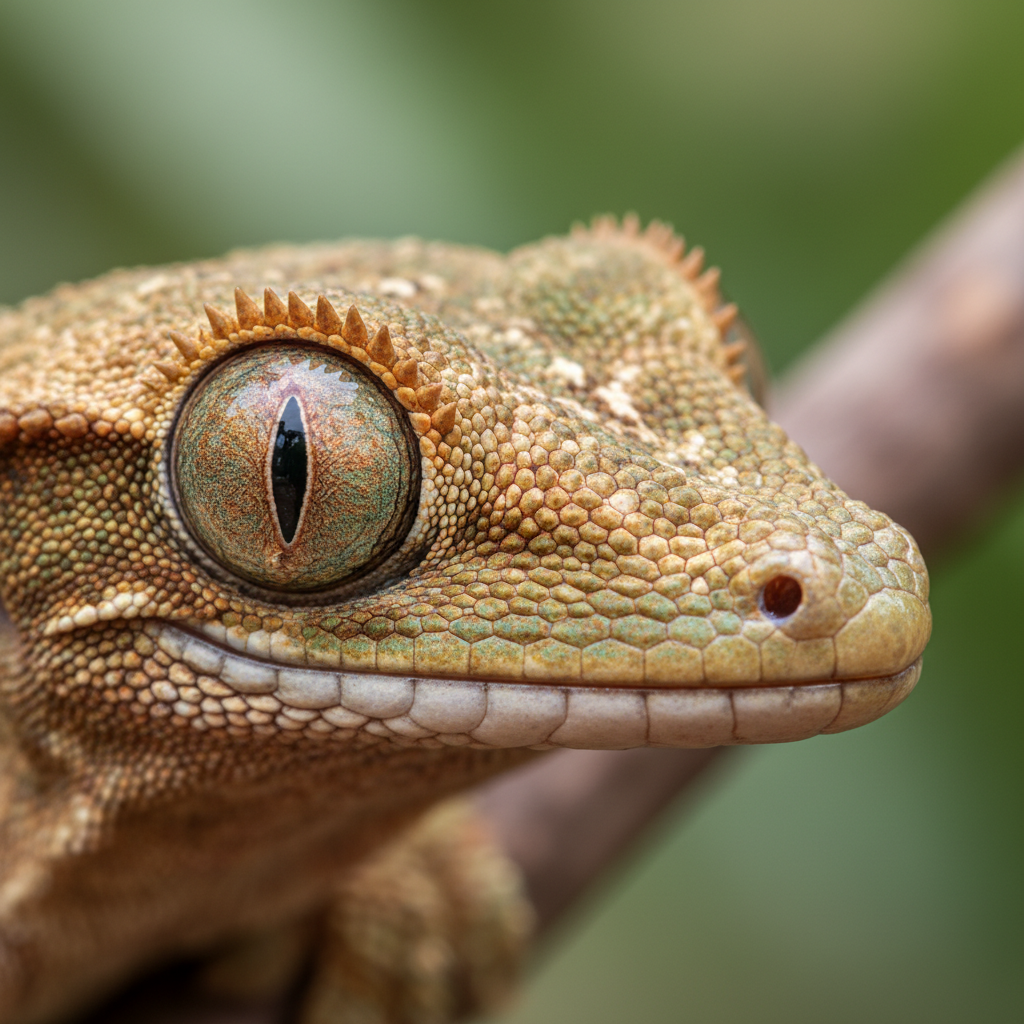 Crested gecko with bright healthy eye and clean scales after eye cap removal service
