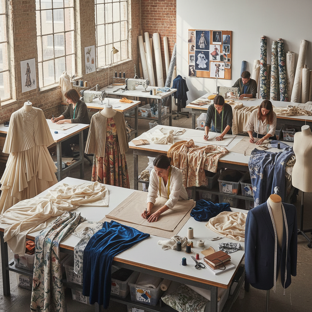Fashion designer studio with fabric swatches and dress forms in warm natural light, artisan workspace