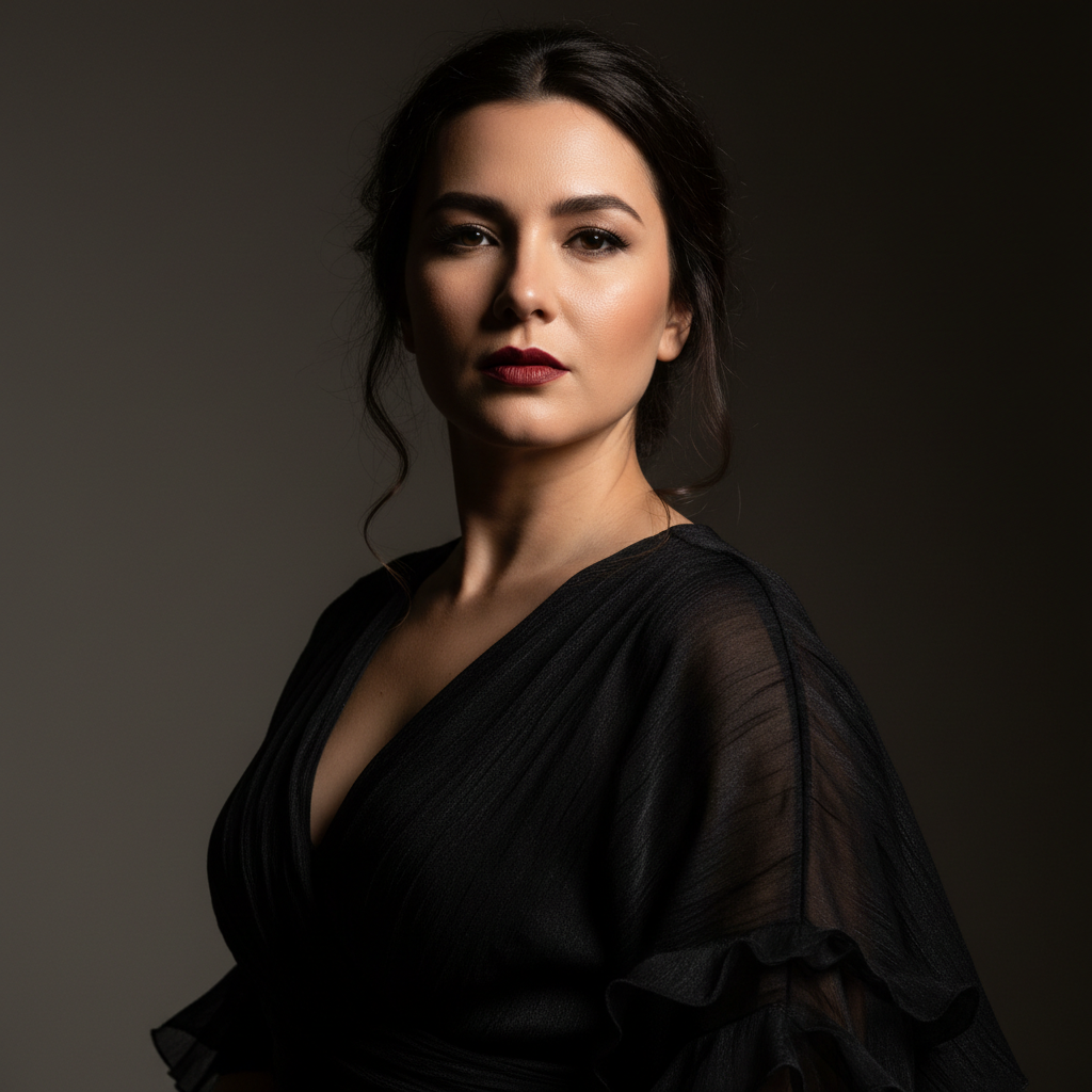 Elegant woman in sophisticated attire, dramatic studio portrait, dark background with rim lighting, editorial fashion photography