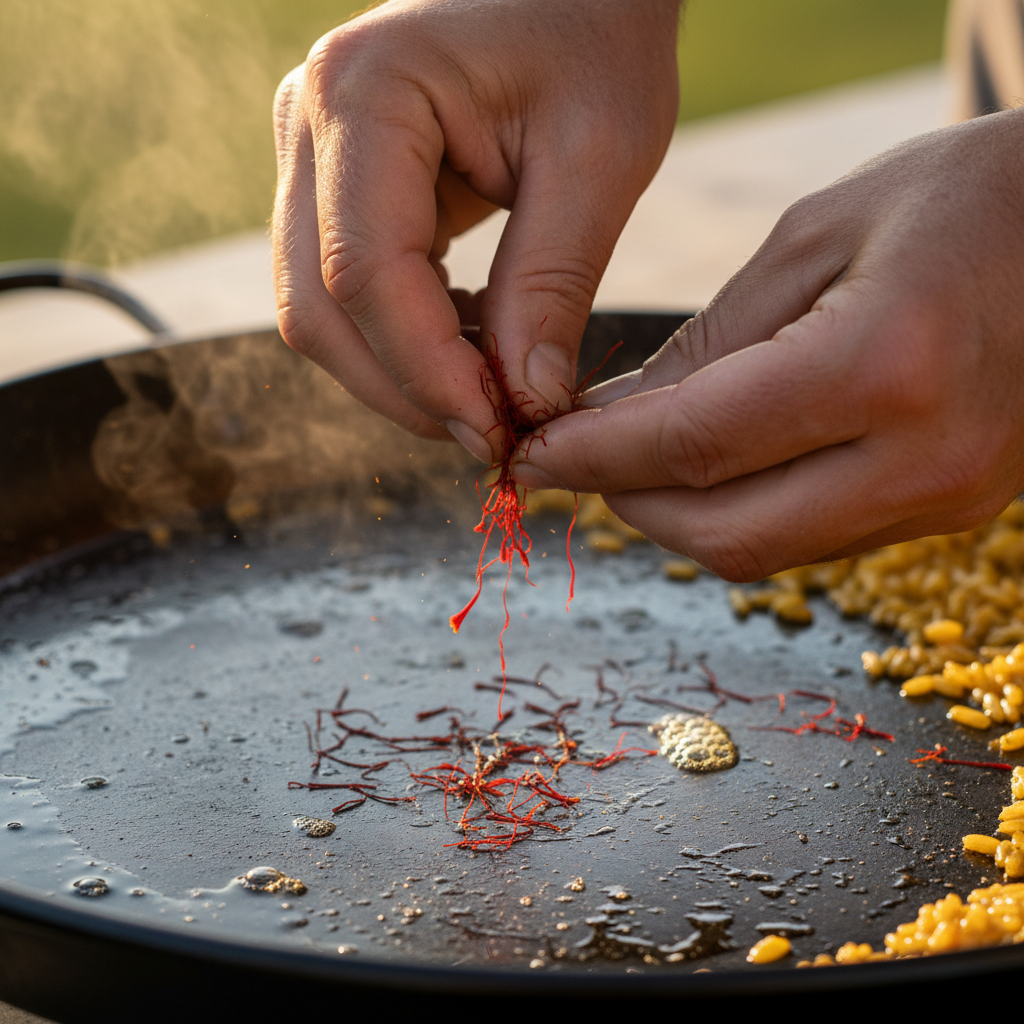 Chef's hands carefully garnishing an intricate dish with saffron threads in warm studio lighting