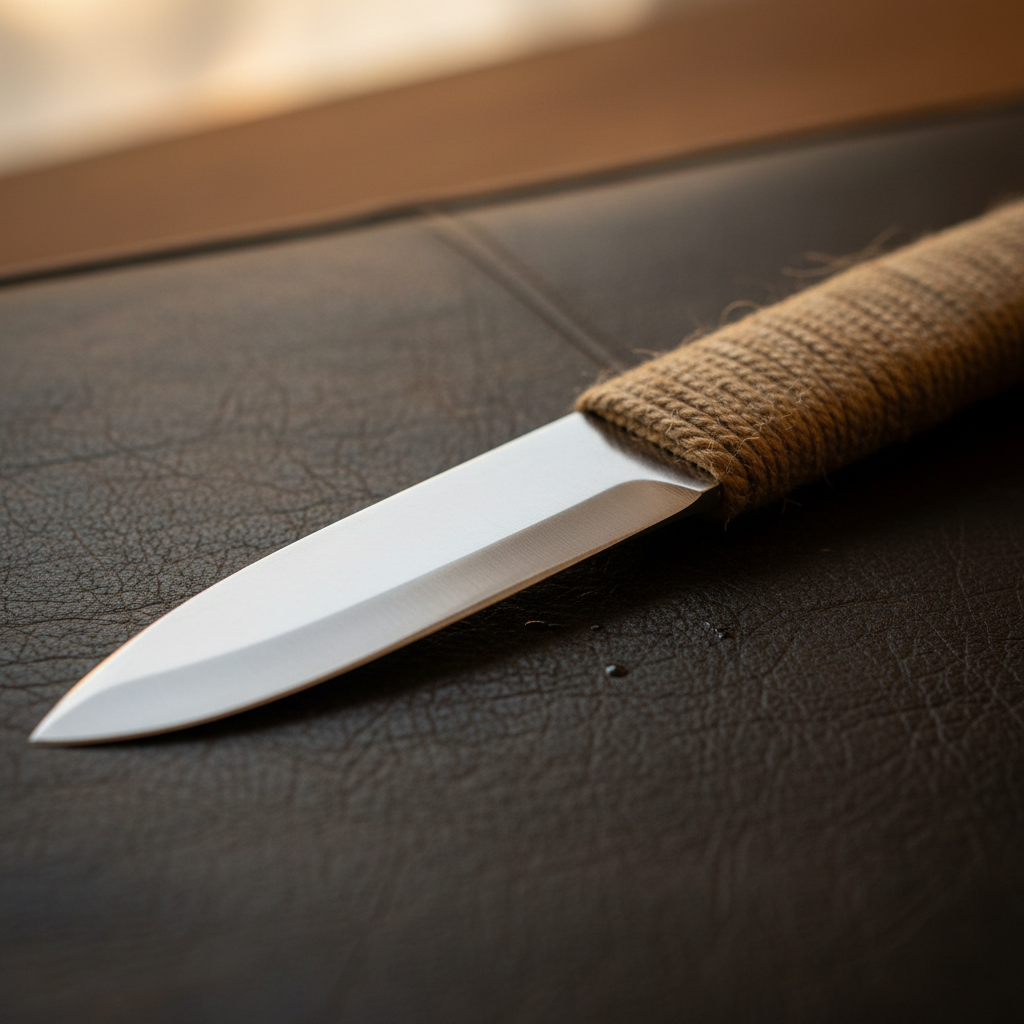 A finished blade resting on dark leather, handle wrapped in natural cord, photographed in morning light