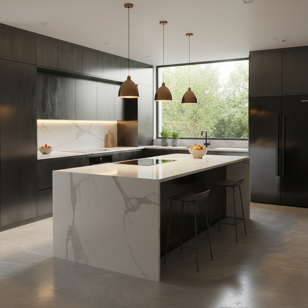Designer kitchen with polished concrete worktops and premium appliances