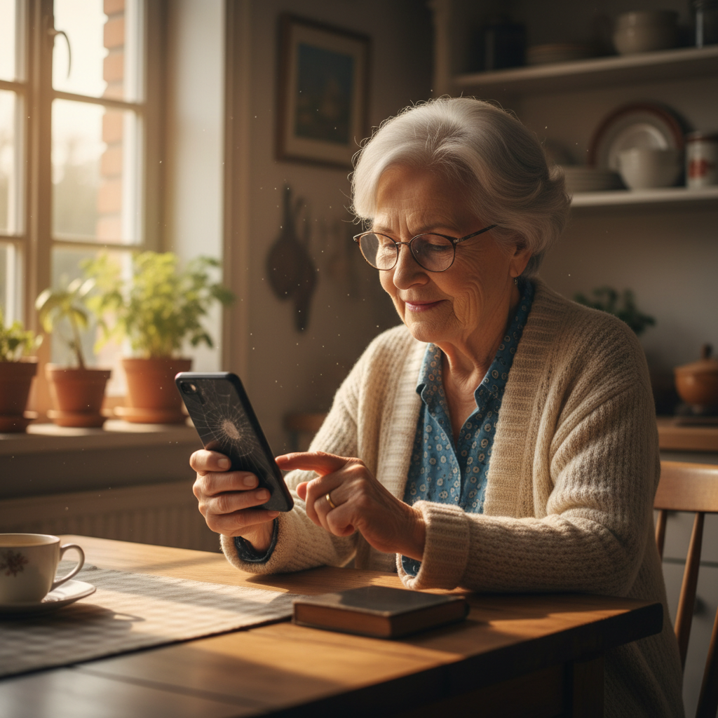 Dorothy Mae Washington, 71, sits at her kitchen table with a cracked phone screen, navigating the Medicare renewal portal — warm afternoon light falls across her hands