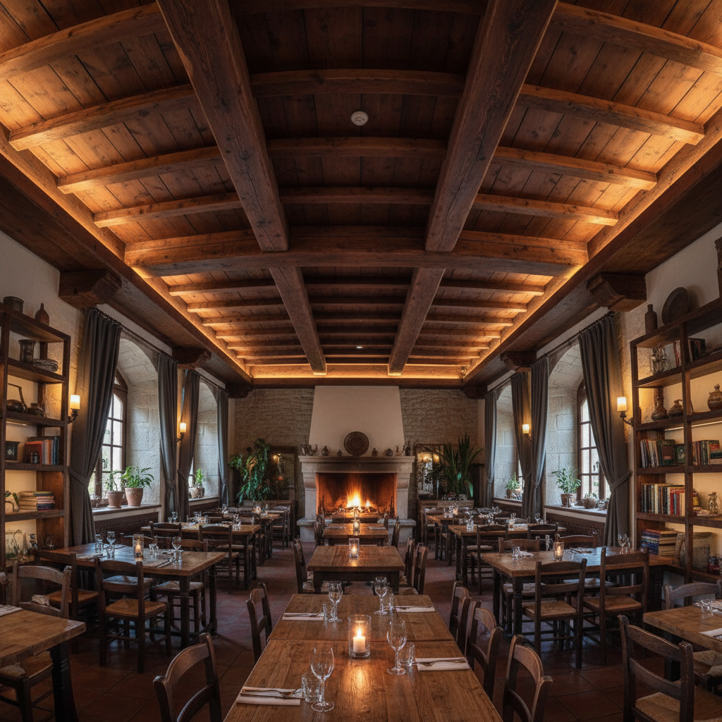 Casa Bianca restaurant beam ceiling by Biba Construction, dim atmospheric timber beams with integrated LED lighting, dark warm interior