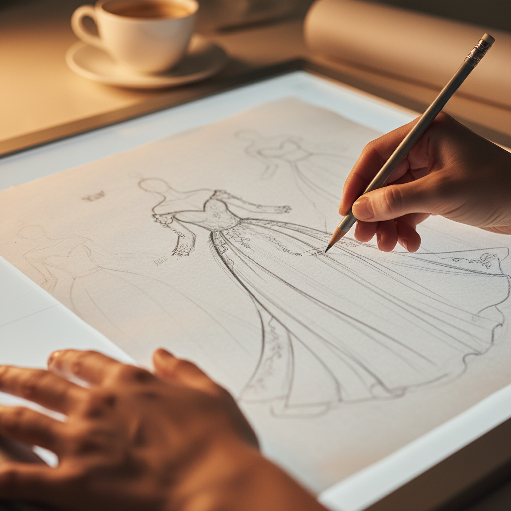Designer sketching fashion illustrations on paper, pencil drawings of garment silhouettes, warm desk lamp lighting