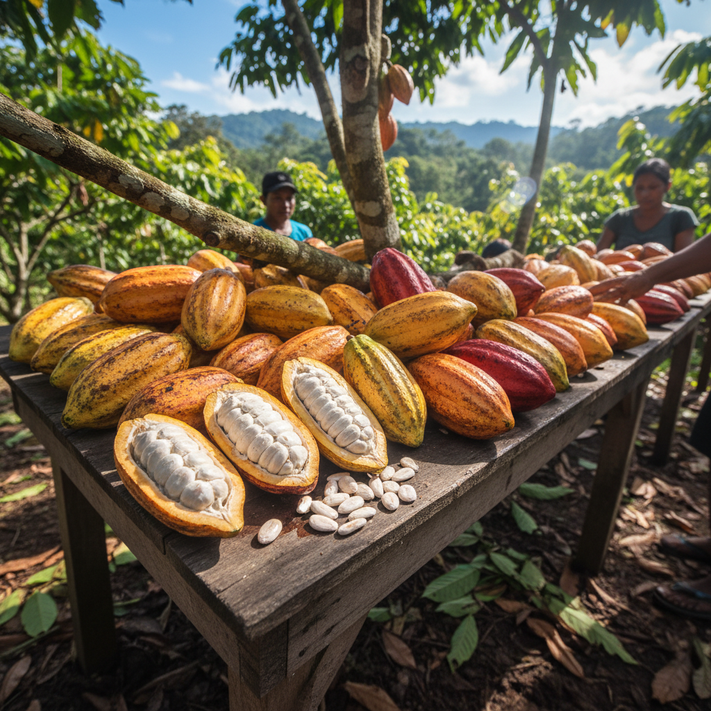 Freshly harvested cacao pods in Madagascar's Sambirano Valley, vibrant red and yellow