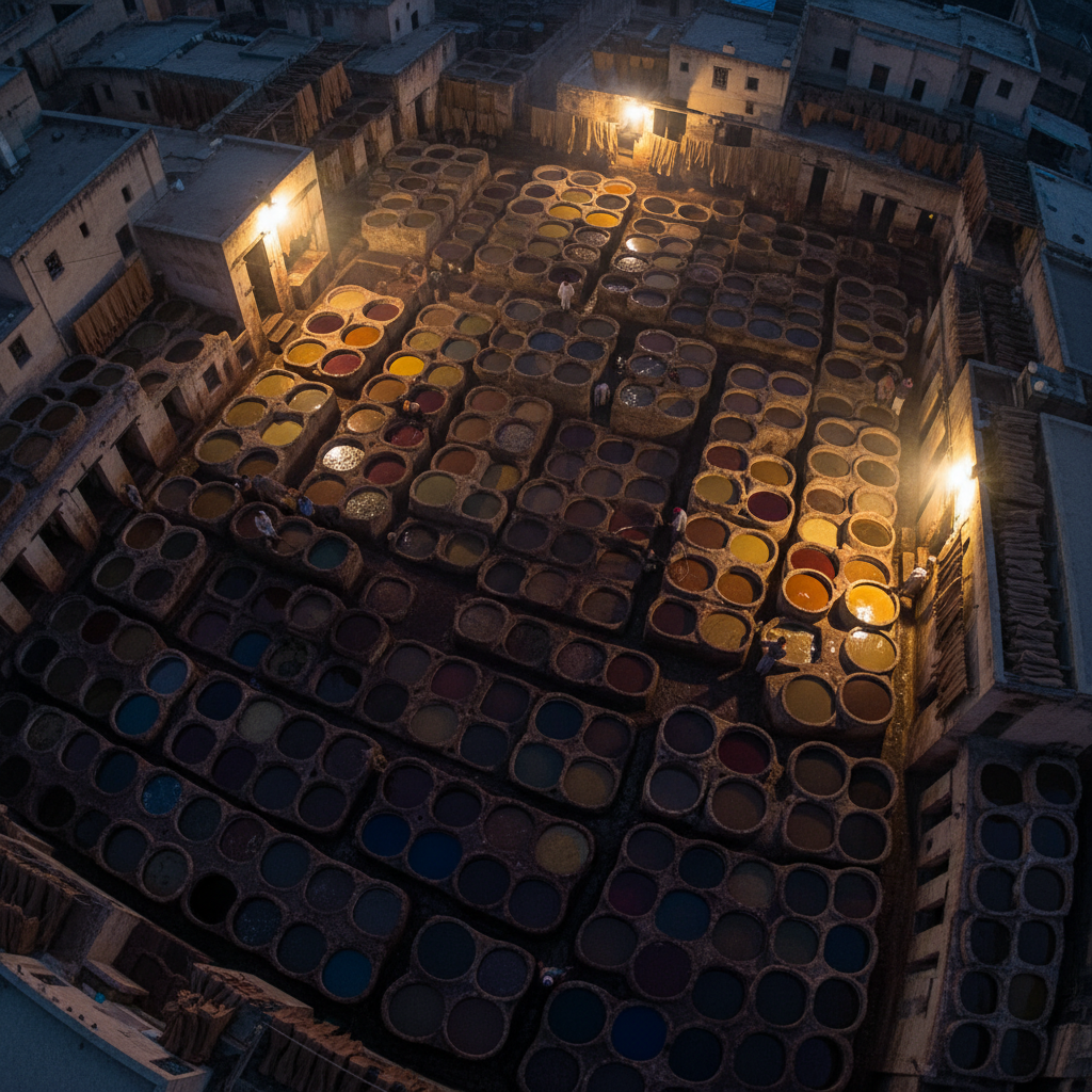 Fes medina tanneries aerial view colorful dye vats circular stone pots leather workers artisans