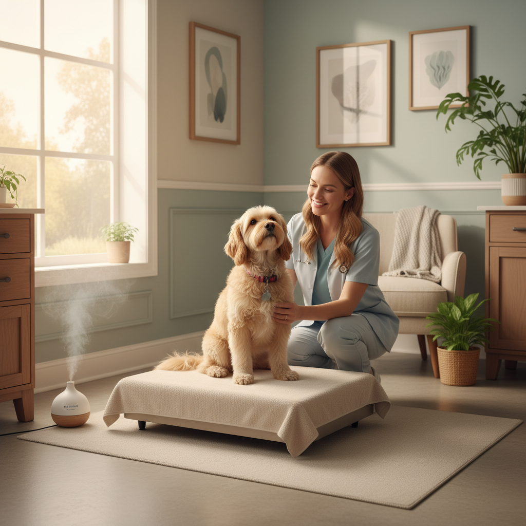 Fear-free exam room with warm natural light, pheromone diffuser at baseboard level, and a towel-draped scale