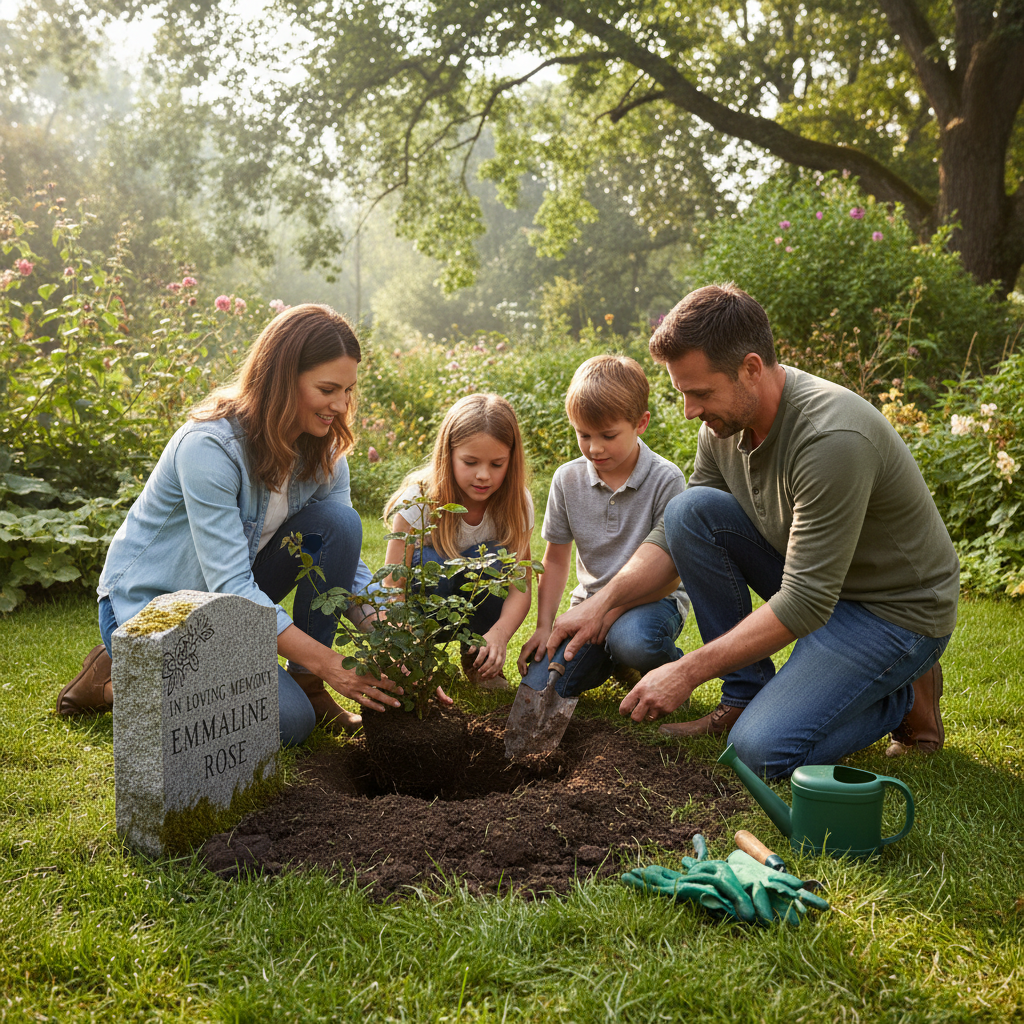 Family planting a rosebush beside a small memorial stone in dappled morning light