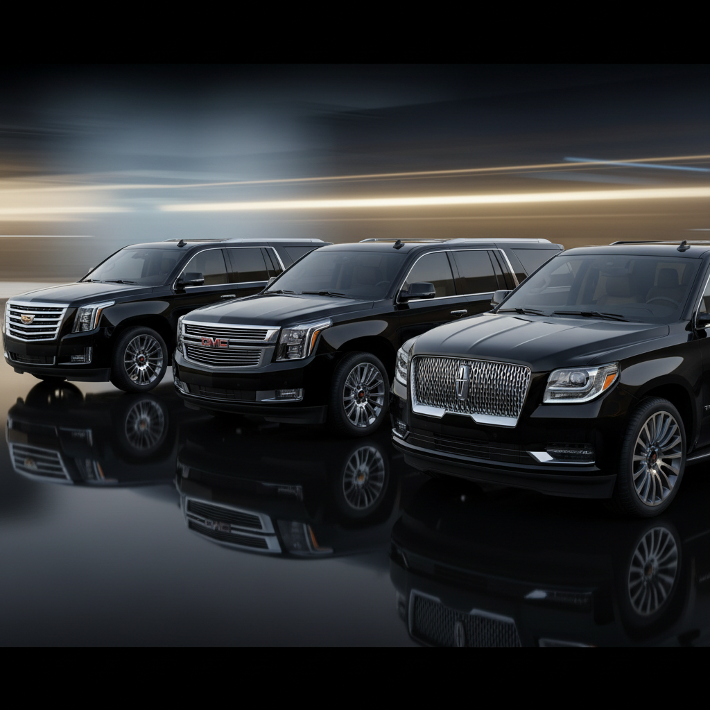 Luxury black SUV — Cadillac Escalade, GMC Yukon, Chevrolet Suburban, and Lincoln Navigator available for hire