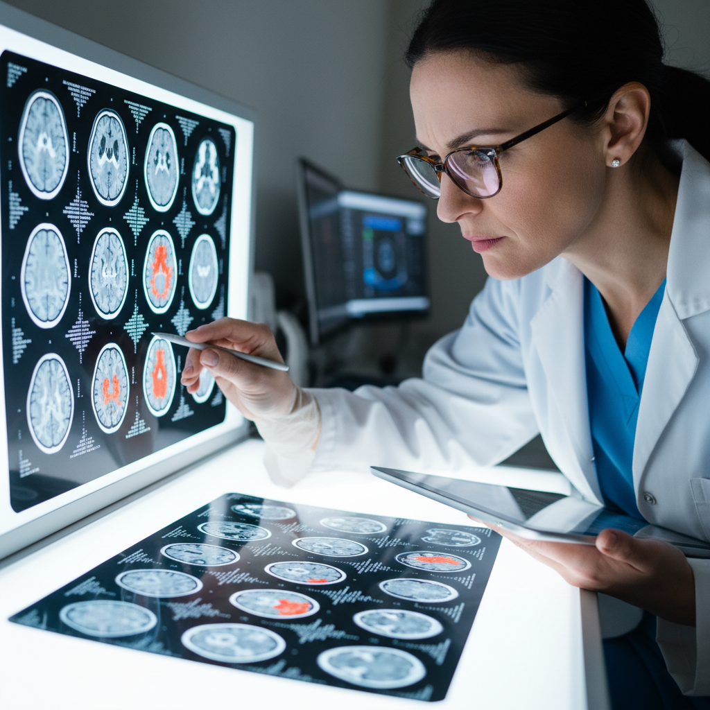 Neurologist reviewing MRI brain scan results with patient in modern clinical setting