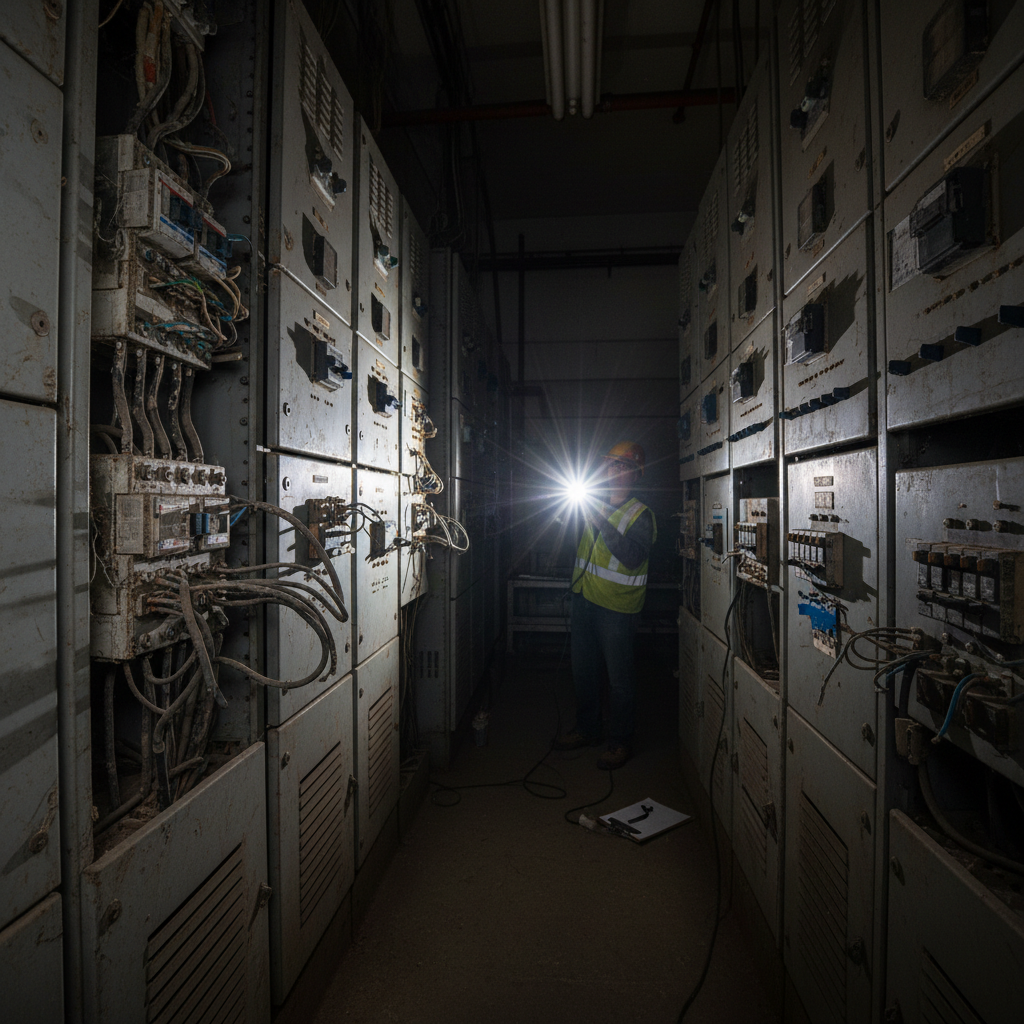 Commercial electrical panel room with aging switchgear, multiple circuit breakers, and inspector flashlight illuminating connections