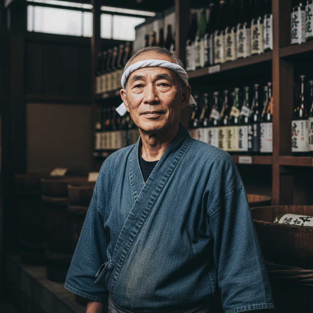 Portrait of a seasoned Japanese master brewer in traditional work clothes, standing in a dimly lit cedar sake cellar