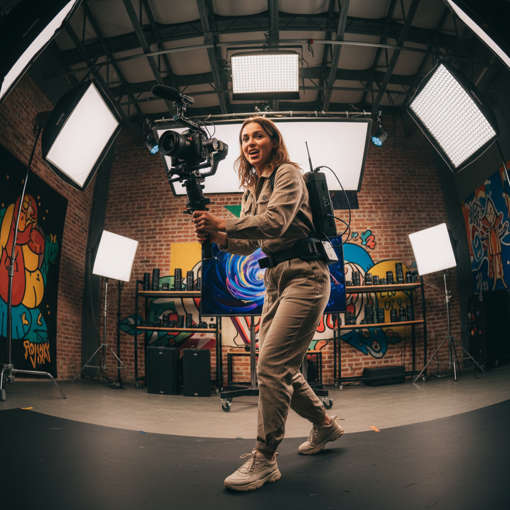 Young content creator filming video with camera in modern studio setup with ring light