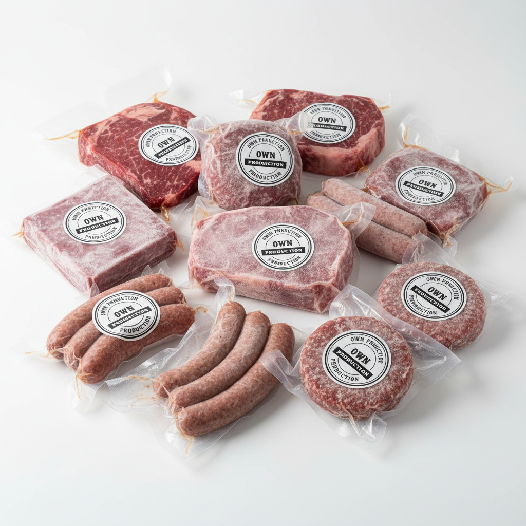 Packaged frozen food product in clean white packaging on a light background