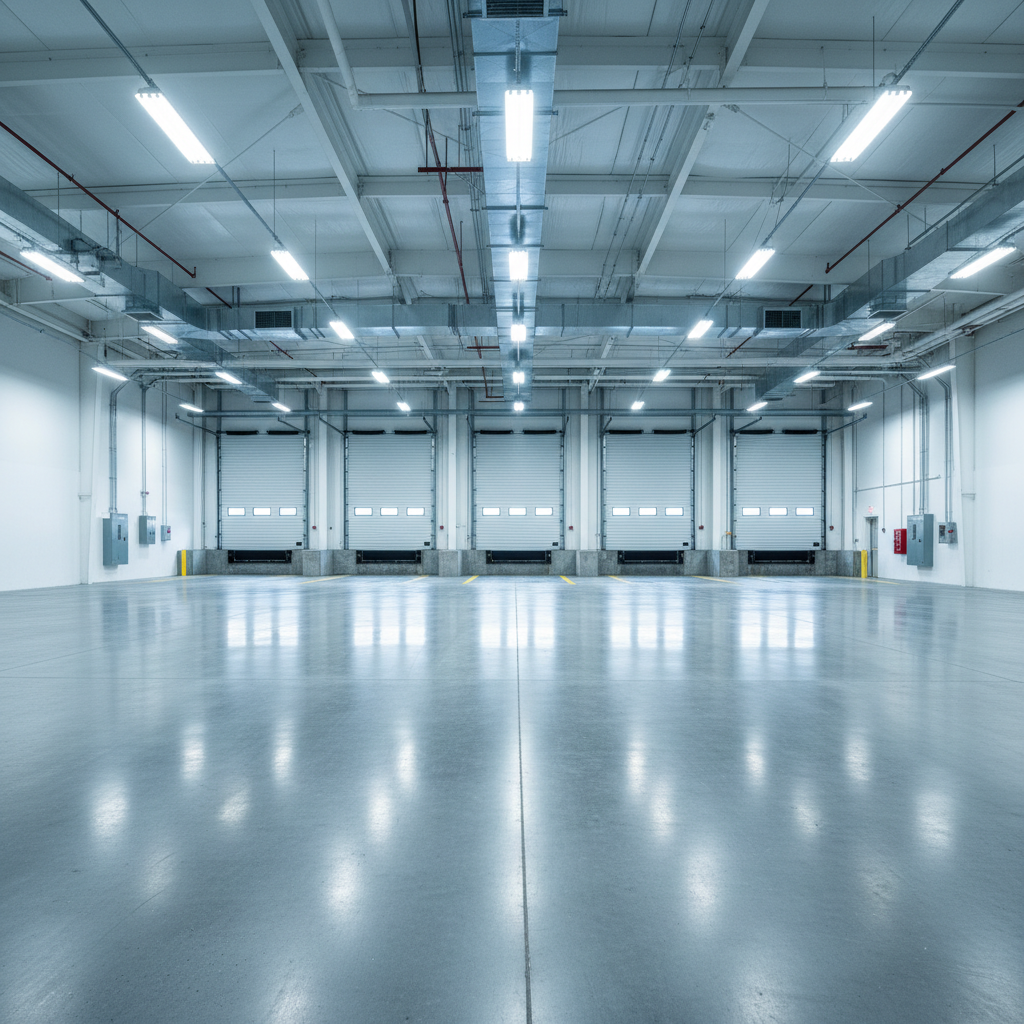 Cleared commercial loading dock interior — concrete floor swept clean, empty warehouse bay with high ceilings and industrial lighting, representing completed debris removal