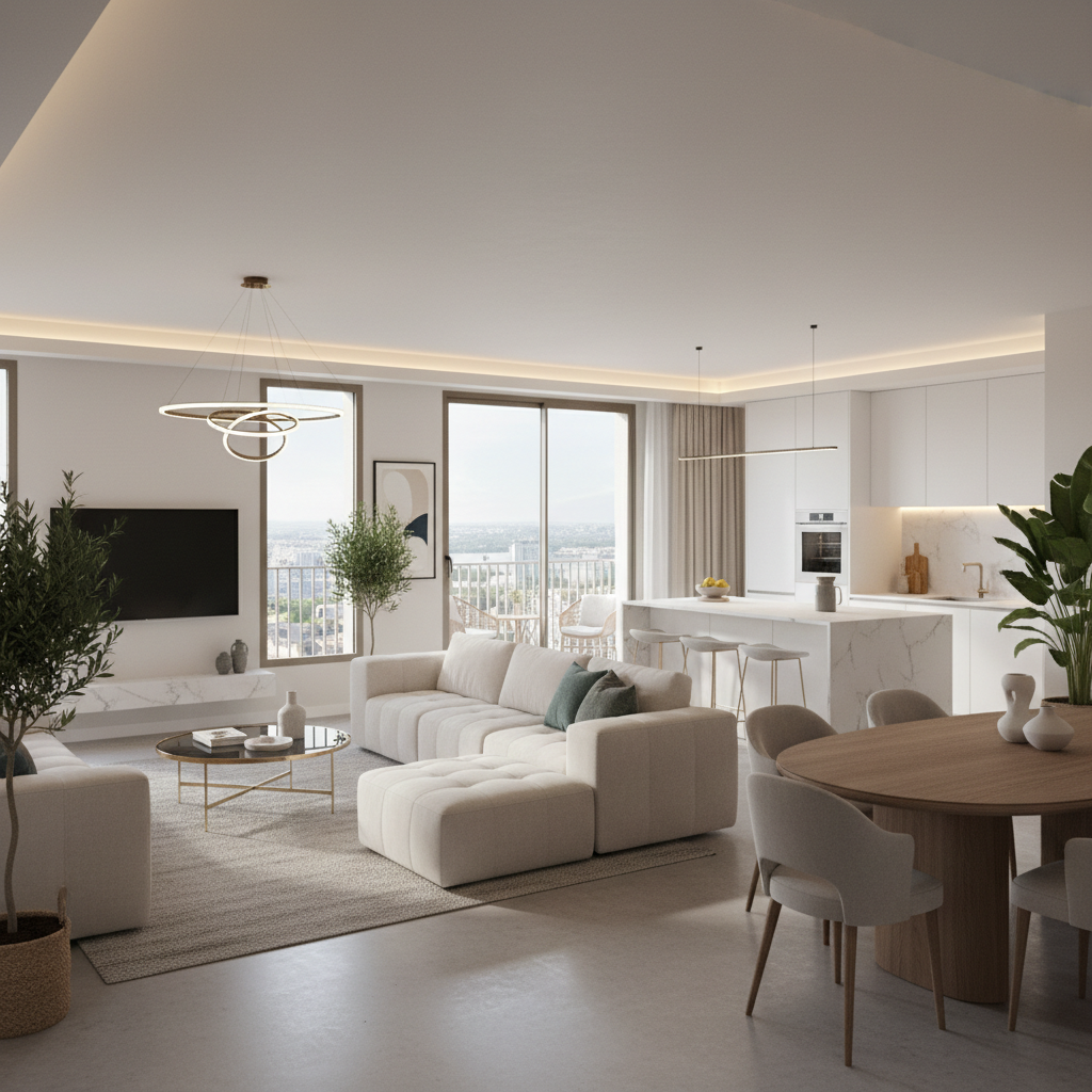 Fully furnished modern apartment interior, bright natural light, open plan