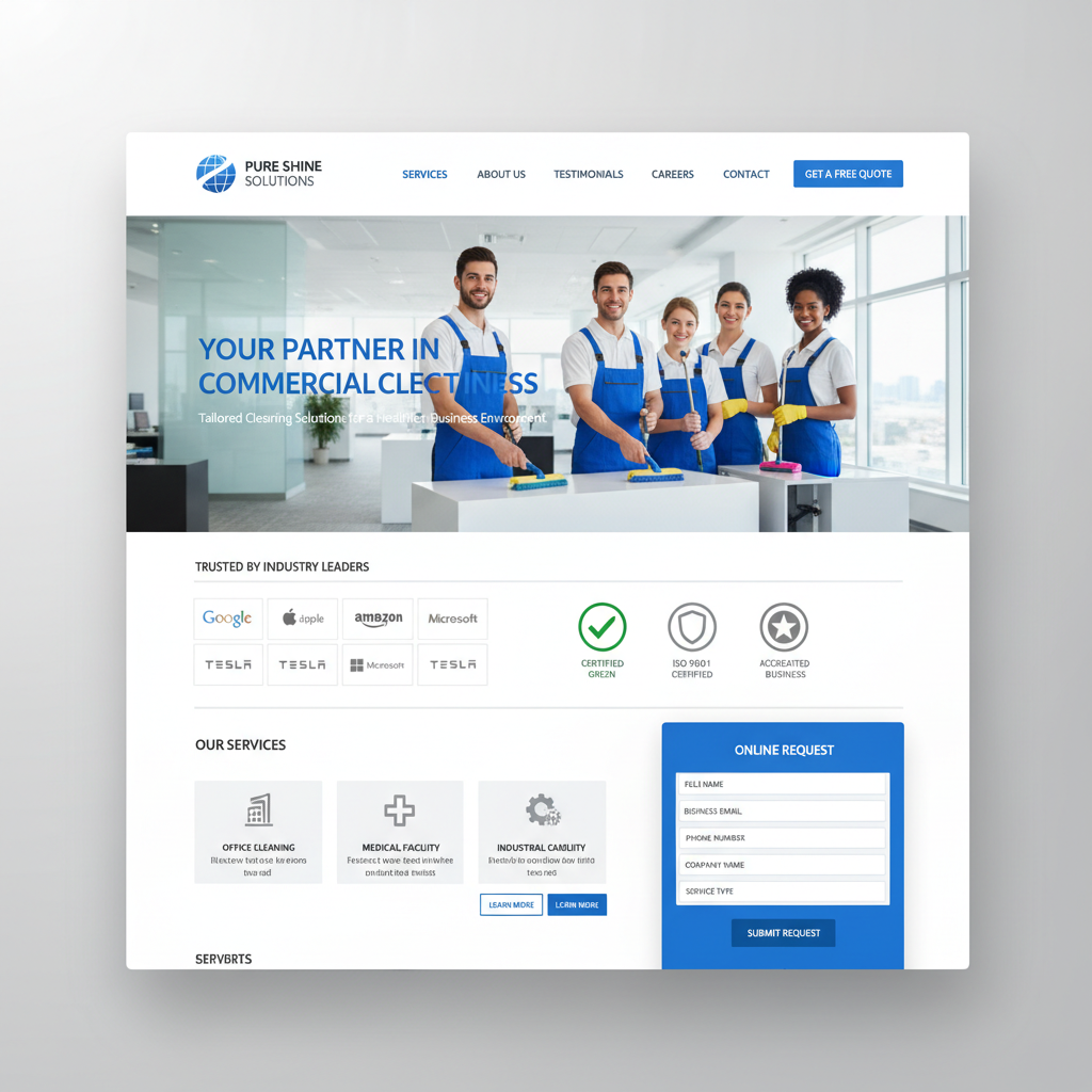 Commercial cleaning company website with corporate design showing client logos, accreditation badges, service specifications, and online quote request form