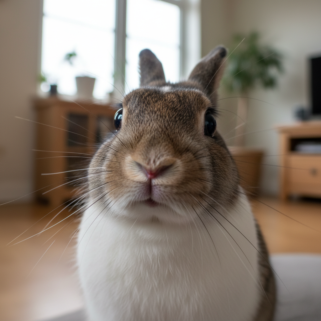 A beloved pet rabbit in a warm, intimate portrait session, looking directly at camera with personality and character visible