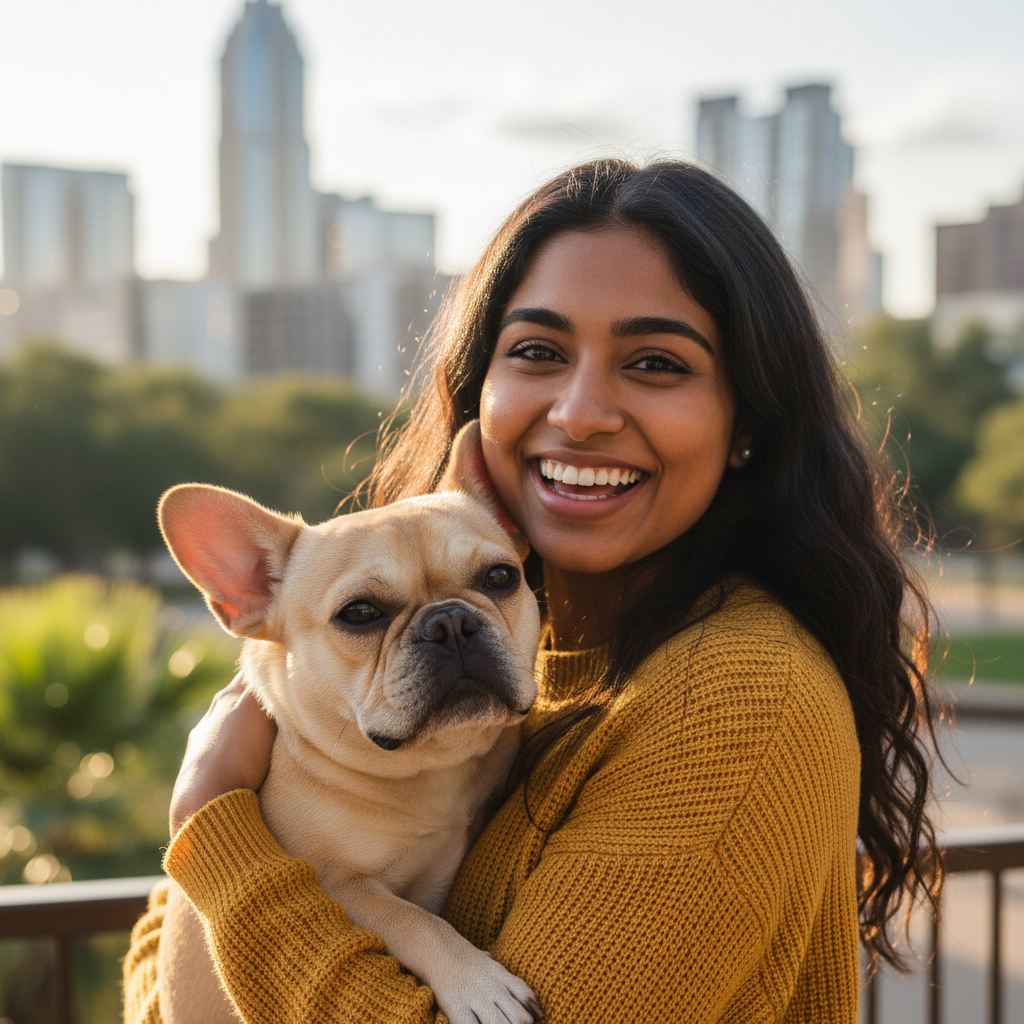 Priya Mehta, a South Asian woman smiling warmly, French Bulldog owner from Austin