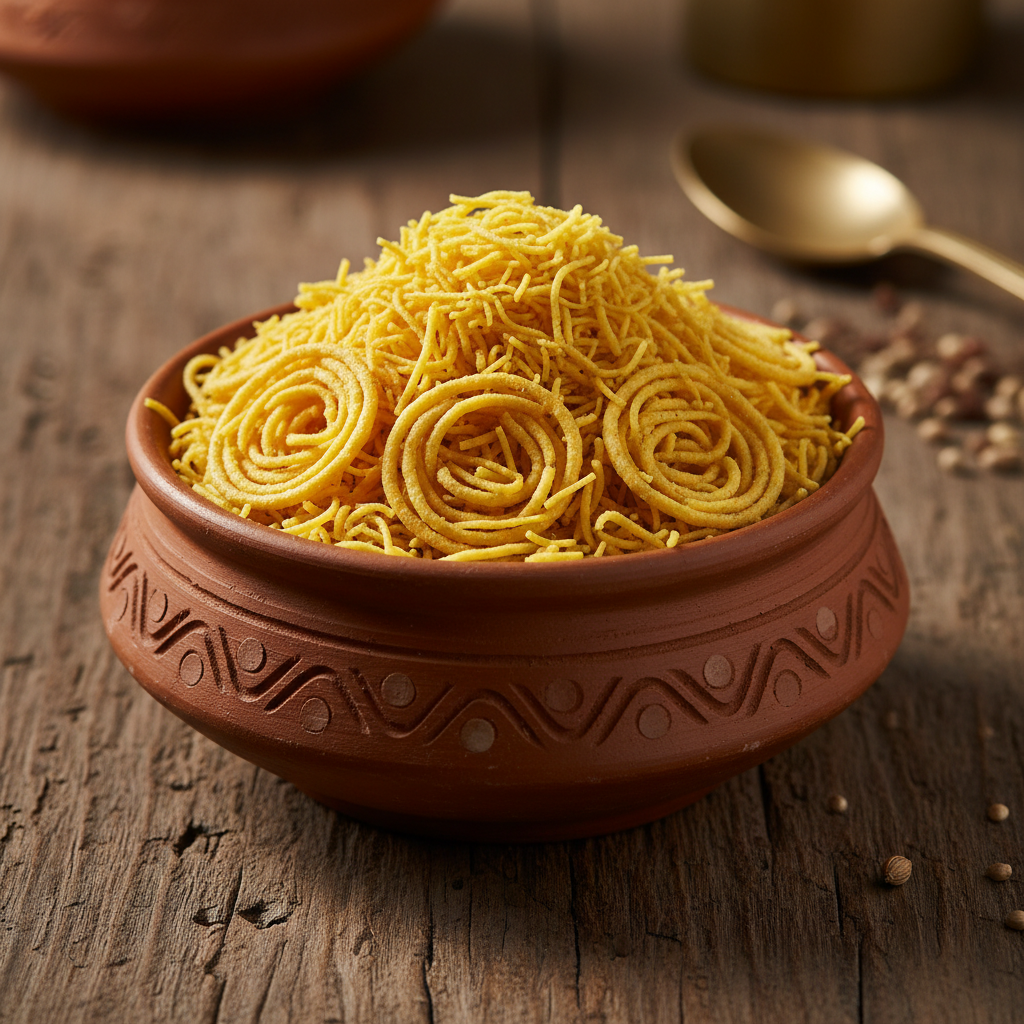 Crispy aloo bhujia namkeen in a white bowl, golden yellow snack