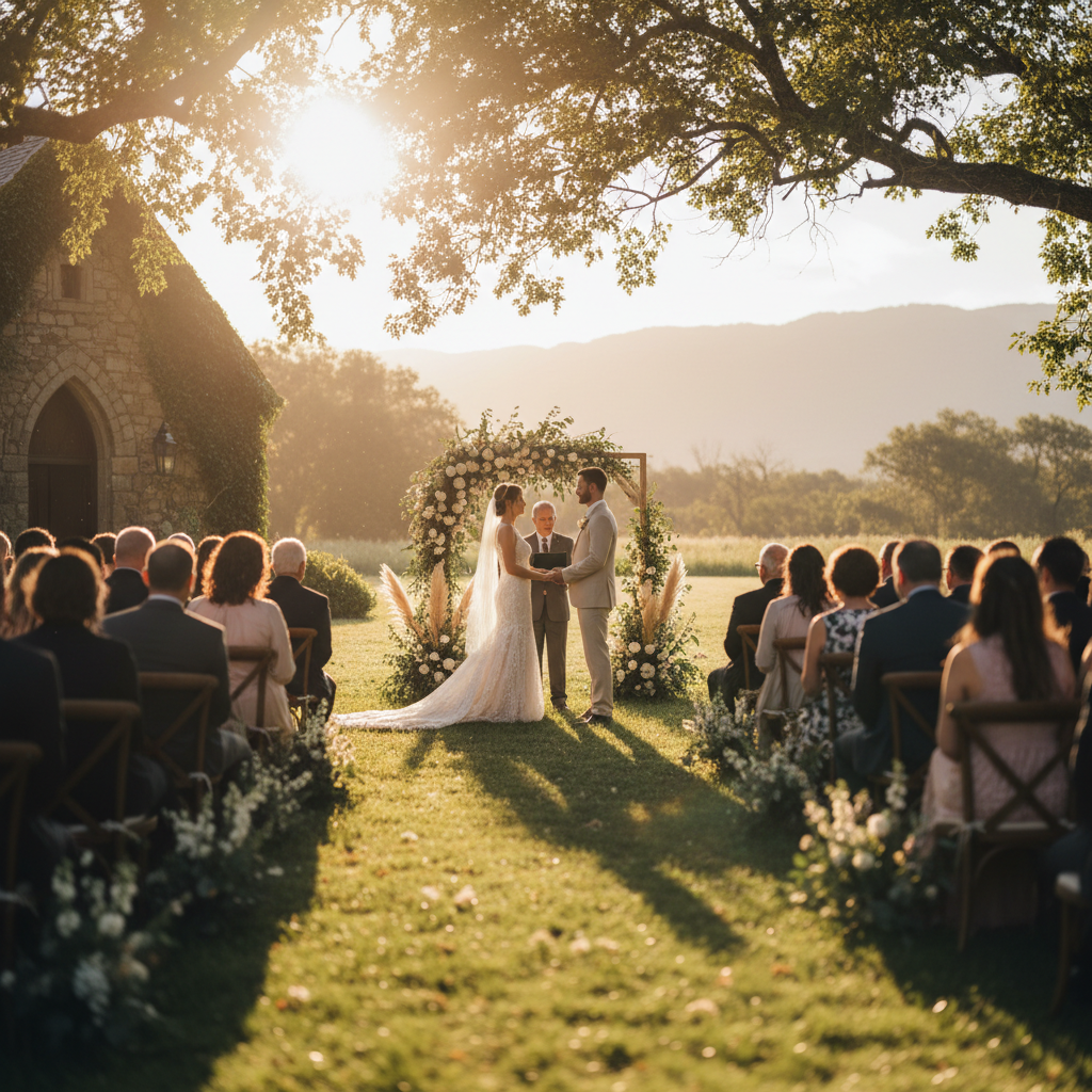 Wedding ceremony captured in golden hour light, bride and groom in soft focus