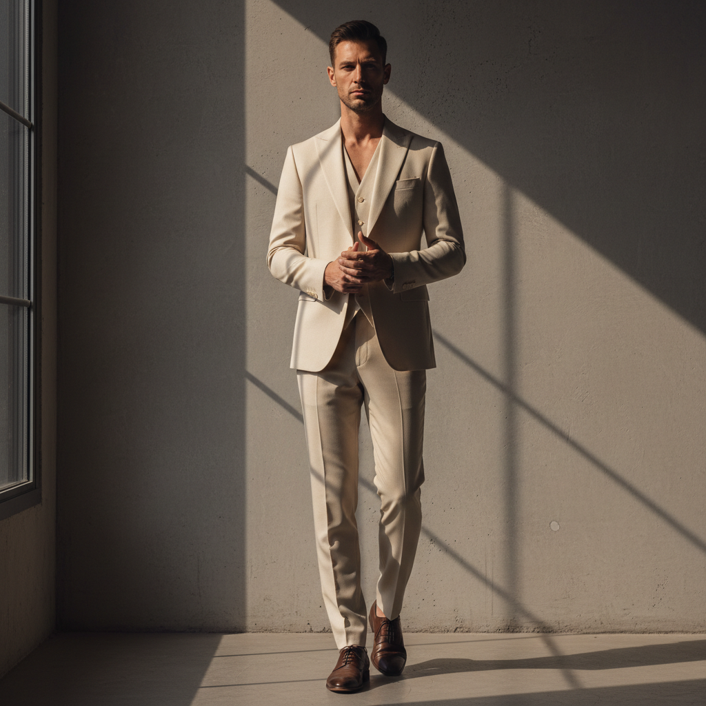 Dark luxury menswear editorial, shadowed gentleman in tailored suit, moody low-key studio lighting