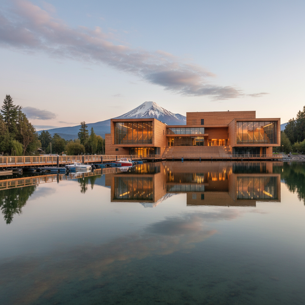 Teatro moderno de madera y vidrio construido sobre el lago Llanquihue