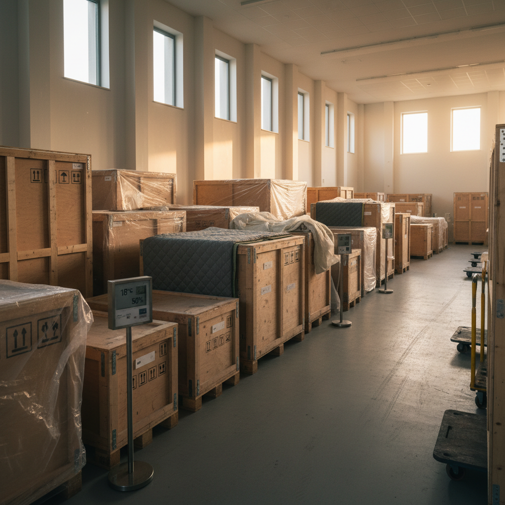 Pristine art storage interior with crates bearing handling glyphs, climate gauges, and golden hour light through clerestory windows