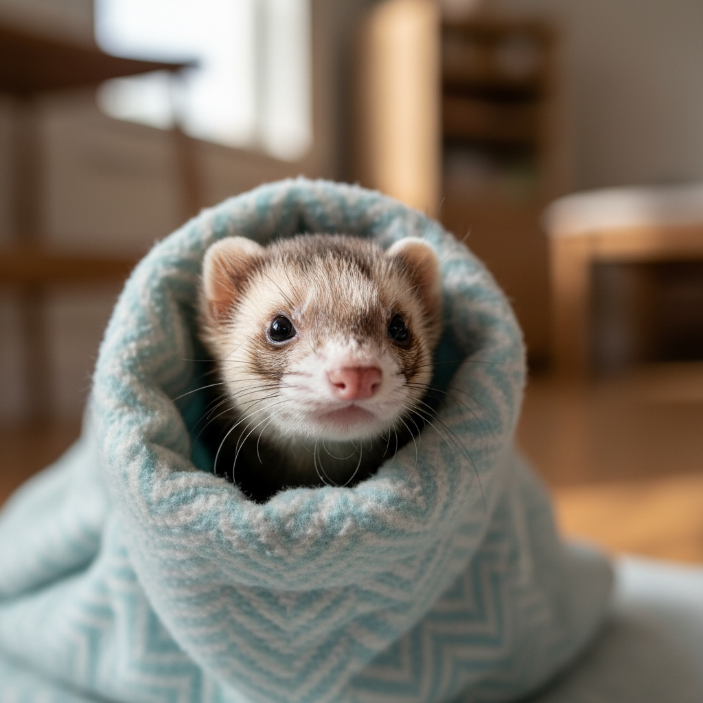 Ferret peeking out of a tiny fabric sleeping sack, eyes bright