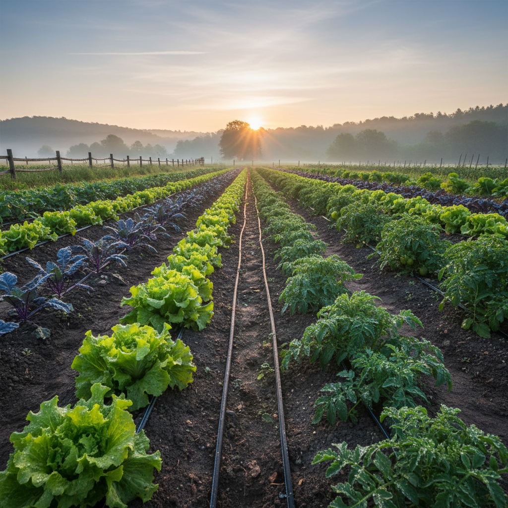 Vegetable farm rows with drip irrigation lines running between green plants, IoT sensor stakes visible, misty Sabah highland morning
