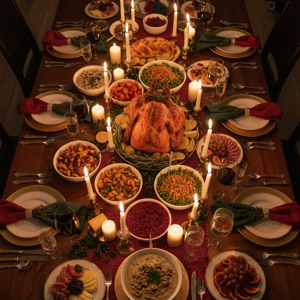Overhead shot of a festive dinner spread with multiple dishes and candles