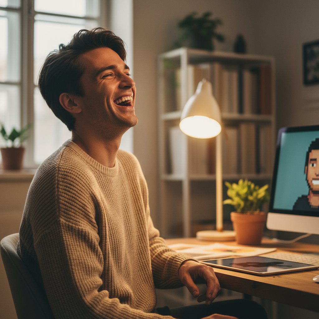 Well-lit remote team video call on laptop screen in bright home office