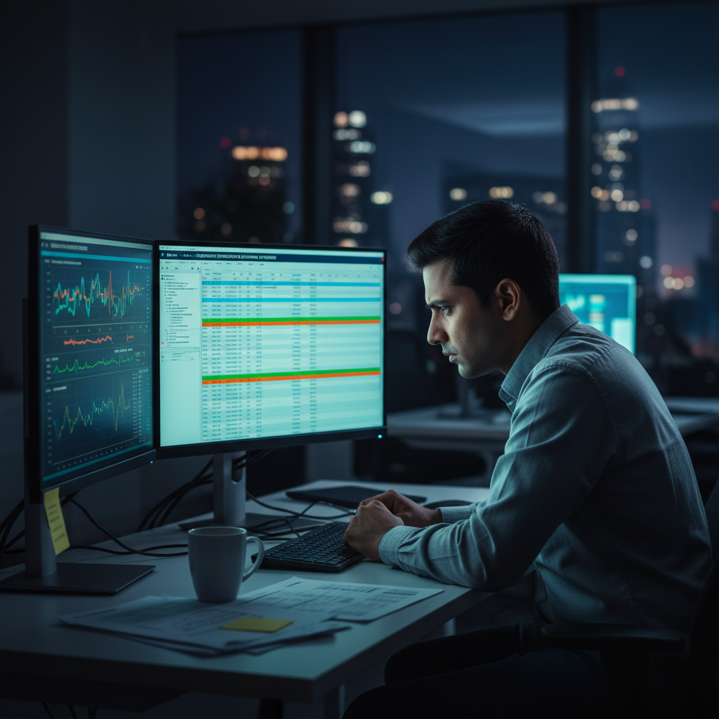 Energy analyst reviewing capacity market data on dual monitors with grid dispatch charts