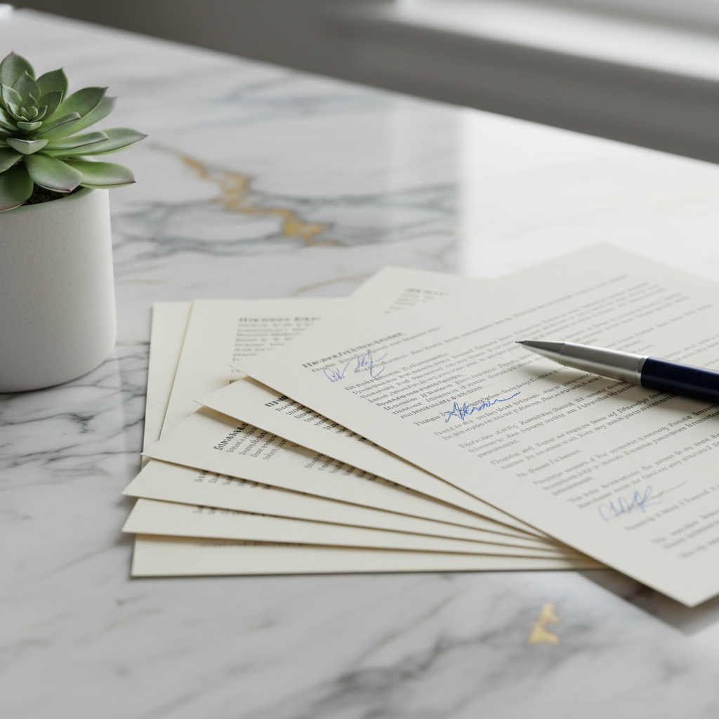 Marble countertop with neatly fanned documents, pen at 45 degrees, and small succulent