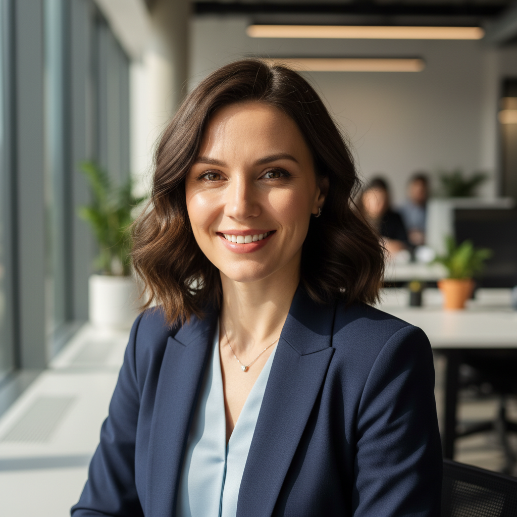 Professional woman with dark hair smiling confidently in a well-lit office setting