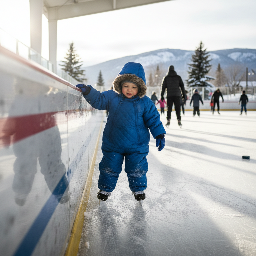 Toddler in puffy snowsuit wobbling on ice skates gripping the boards