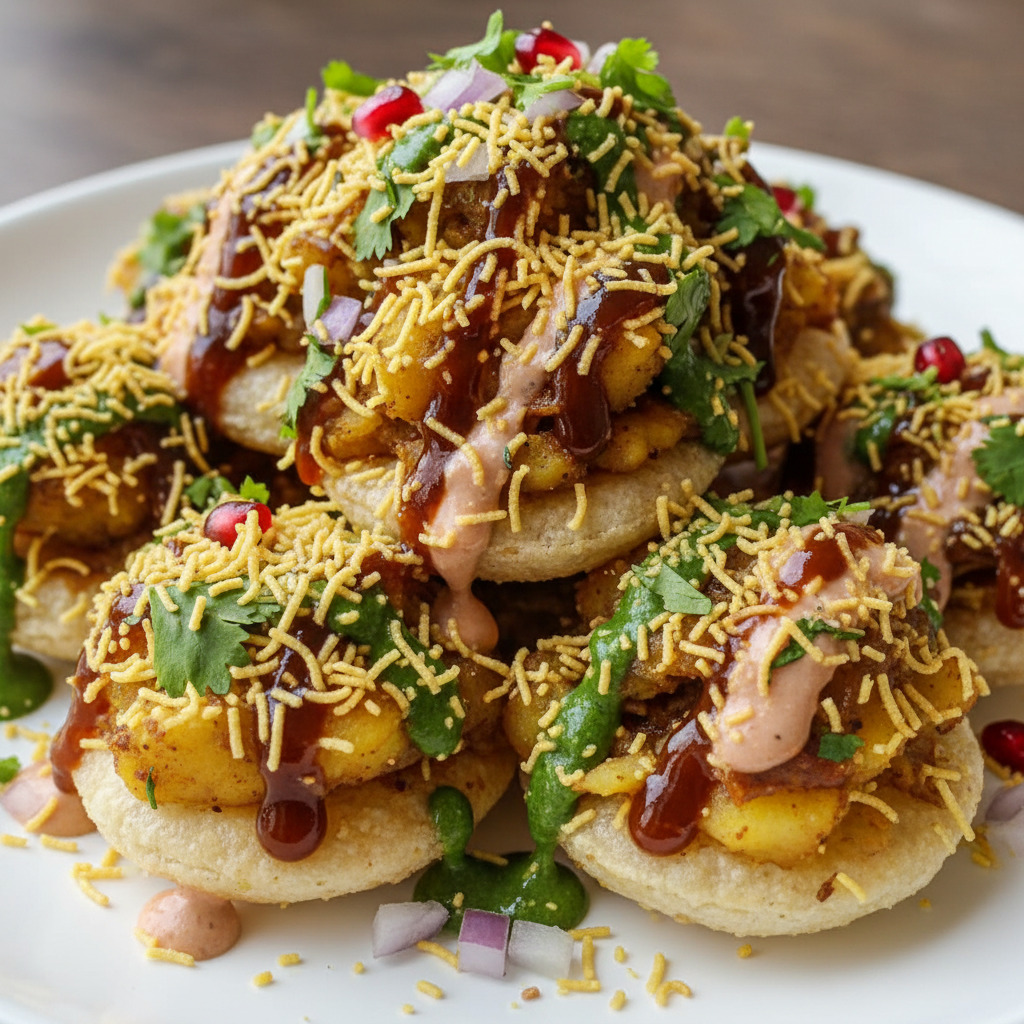 Sev puri crispy discs with potato and chutney toppings on plate